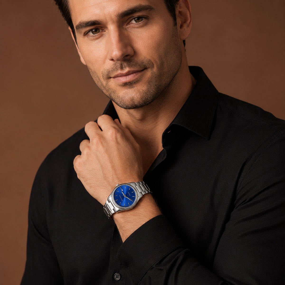 JeenMata Men’s Stainless Steel Integrated Bracelet Watch, Water-Resistant Sunray Blue Dial with Fluted Bezel & Date