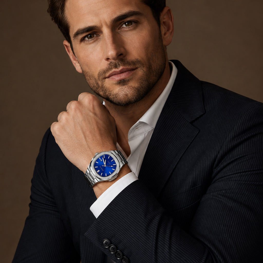 JeenMata Men’s Stainless Steel Nautilus-Style Watch, Water-Resistant Sunray Blue Dial with Date Window