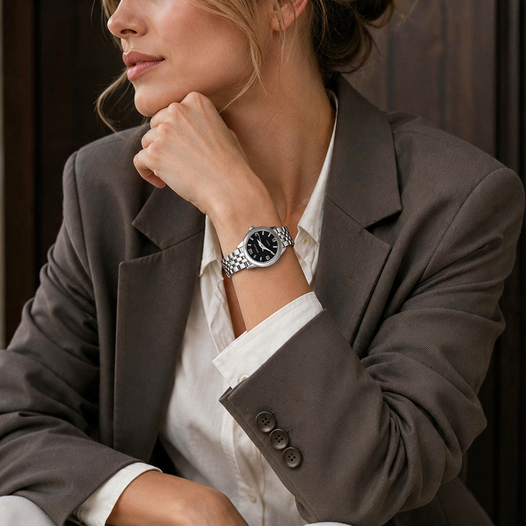 JeenMata Women's Silver & Black Watch - Black Dial with Crystal Markers, Silver Stainless Steel Link Bracelet, Water Resistant Quartz Watch
