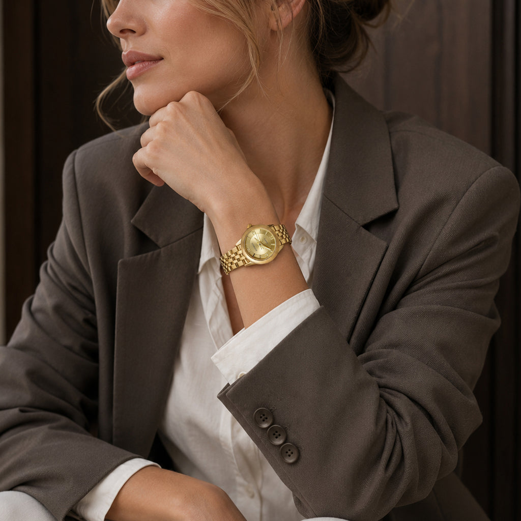 JeenMata Women's All-Gold Classic Watch - Champagne Gold Dial with Crystal Indices, Stainless Steel Bracelet, Water Resistant Quartz Watch