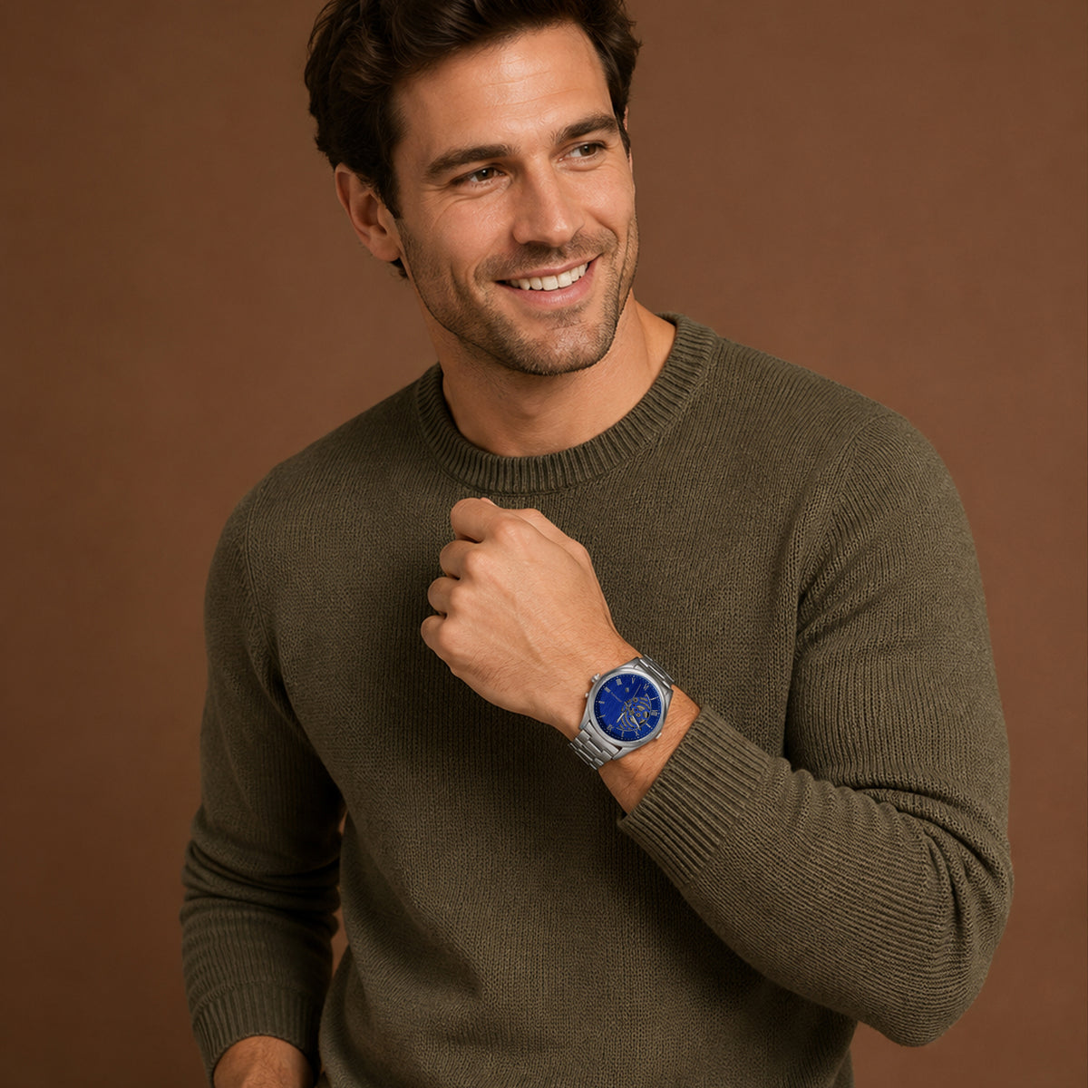 JeenMata Men’s Skeleton Dial Stainless Steel Watch, Water-Resistant Blue Dial with Roman Numerals