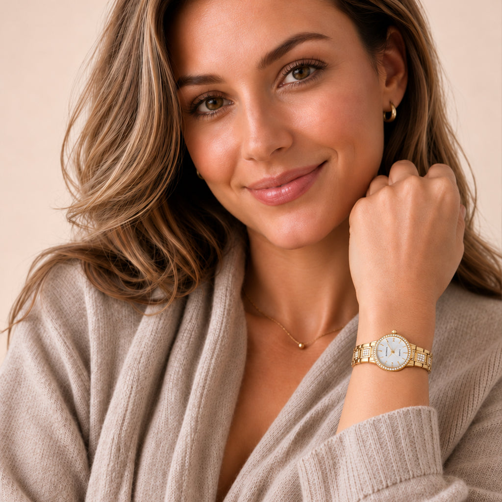 JeenMata Women's Gold & White Iced Watch - Crystal Bezel & Gold Link Strap, White Dial, Water Resistant Luxury Wrist Watch