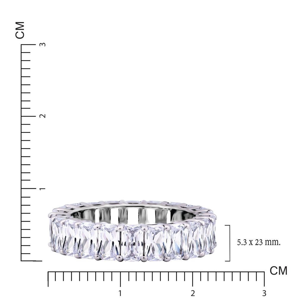 JeenMata 6.75 Carat Emerald Cut Moissanite Eternity Wedding Band - Classic Prong Style Wedding Ring in White Gold Plating for Women