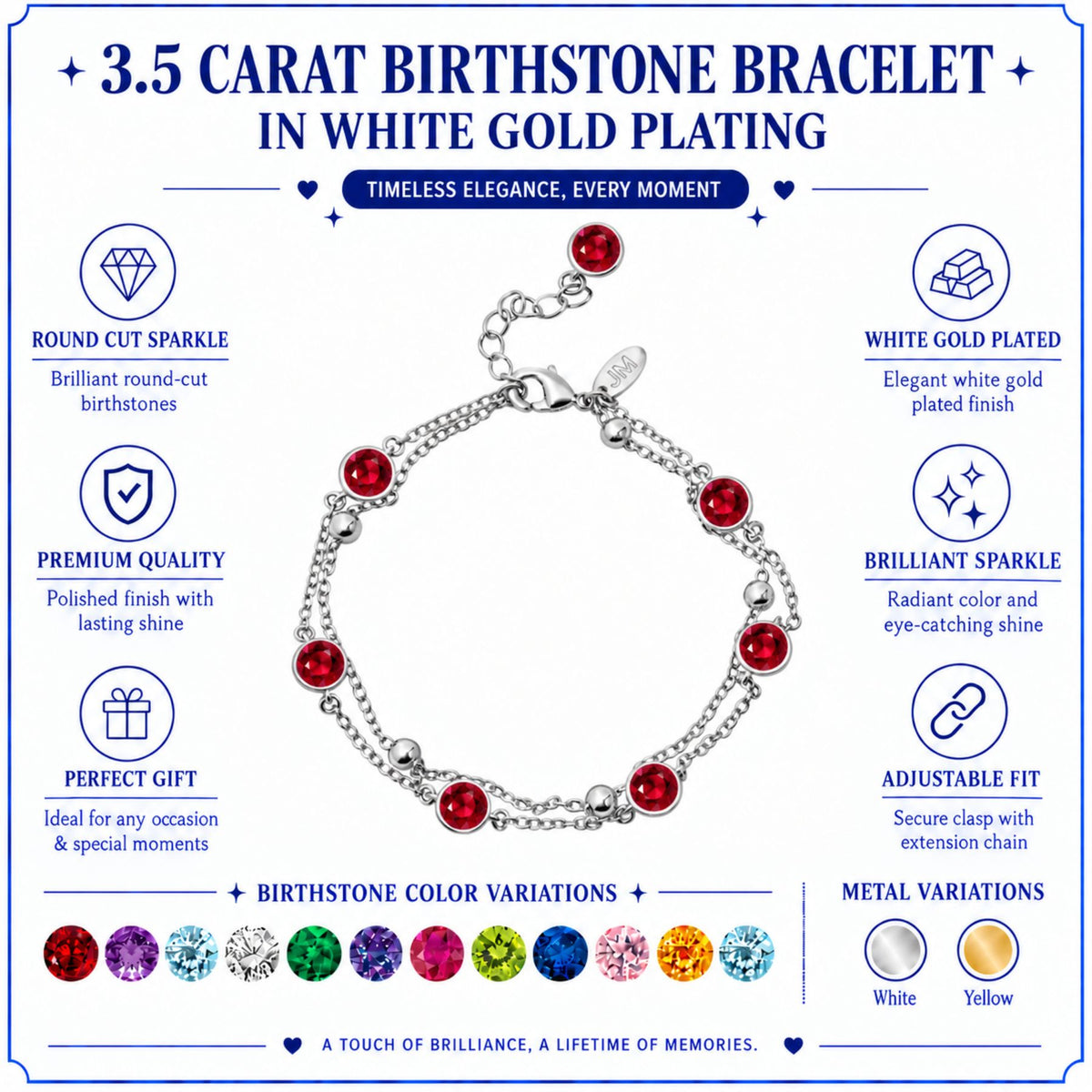 JeenMata 3.5 Carat July Ruby Birthstone Double Layer Bracelet - in White Gold Plating for Women