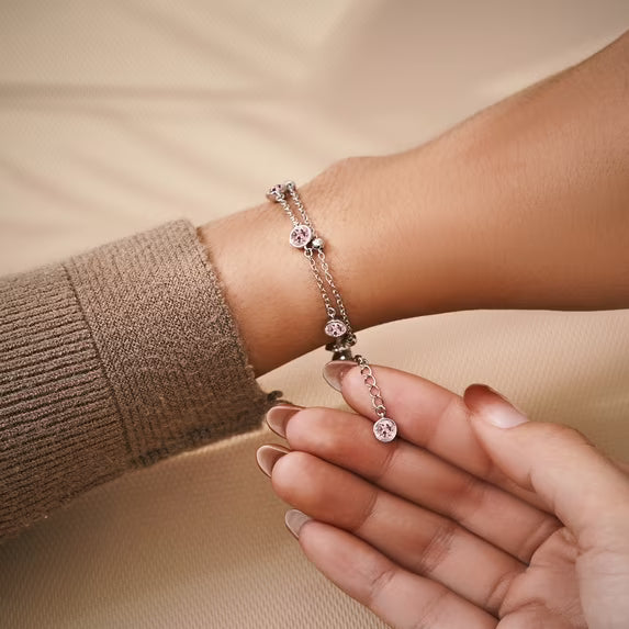 JeenMata 3.5 Carat October Pink Tourmaline Birthstone Double Layer Bracelet - in White Gold Plating for Women