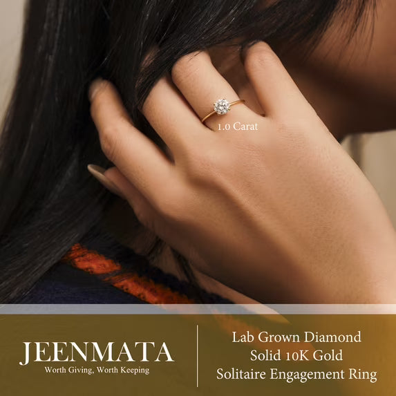 JeenMata Lab Grown Diamond 1 Carat Round Cut Solitaire Engagement Ring in Real Solid 10K Yellow Gold for Women, Gift for Her, Female, Girlfriend