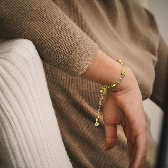 JeenMata 3.5 Carat August Peridot Birthstone Double Layer Bracelet - in Yellow Gold Plating for Women