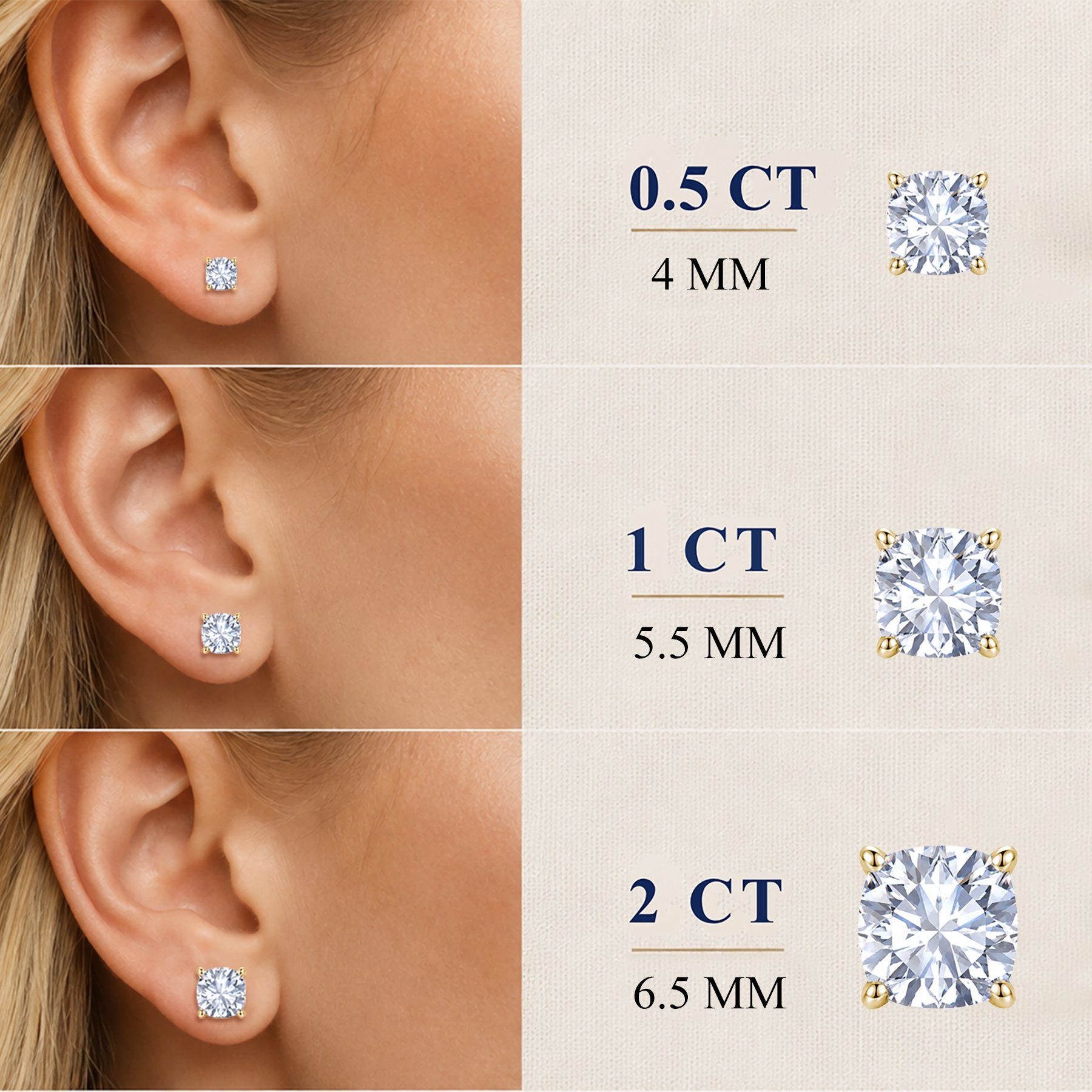 JeenMata 1 Carat Cushion Solitaire Moissanite Stud Earrings for Women, Earrings for Men, 18K Yellow Gold Plated, Hypoallergenic Earrings, D VS1, Stud Earring for Woman, Jewelry, Gift, Earrings