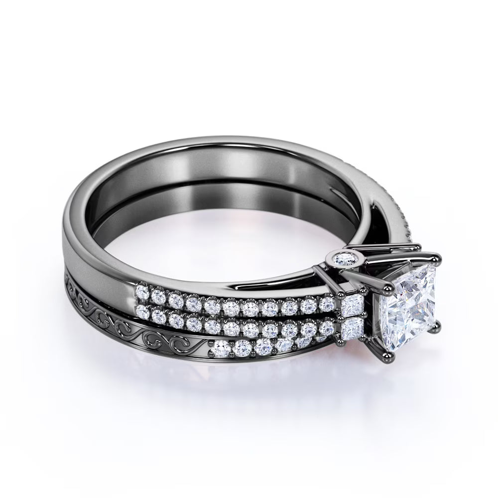 JeenMata Stunning 0.75 Carat - Princess Cut Lab Grown Diamond - Pave - Vintage - Double Band Gothic Engagement Ring - Bridal Set - 10K Black Gold