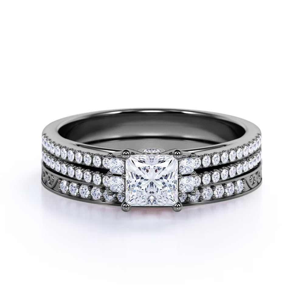 JeenMata Stunning 0.75 Carat - Princess Cut Lab Grown Diamond - Pave - Vintage - Double Band Gothic Engagement Ring - Bridal Set - 10K Black Gold
