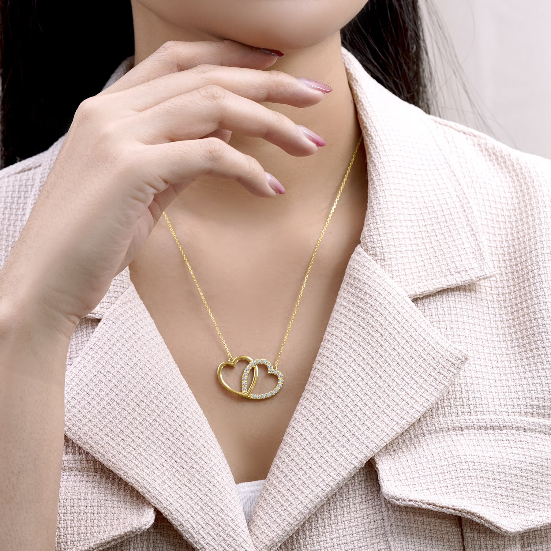 JeenMata Lab Grown Diamond Interlocking Heart Shape Pendant Necklace in Yellow Gold Plating