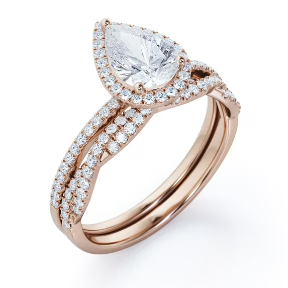 JeenMata Halo Pave Design - 1.25 Carat Teardrop Moissanite - Infinity Twisted Shank Wedding Ring Set - 18K Rose Gold Plating for Women