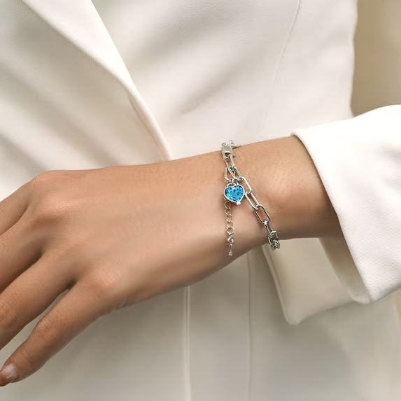 JeenMata 3 Carat December Heart & Key Charm Birthstone Bracelet - 18K White Gold Plating for Women