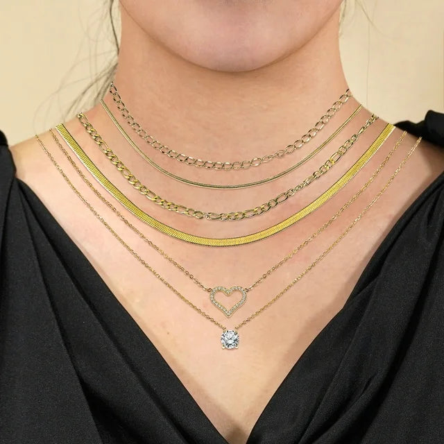 JEENMATA Multipack 6 pc Women Layered Necklace Pendant, Yellow Gold Plating, Gold Chain, Choker Necklace, Herringbone Layered Necklace Jewelry Gift