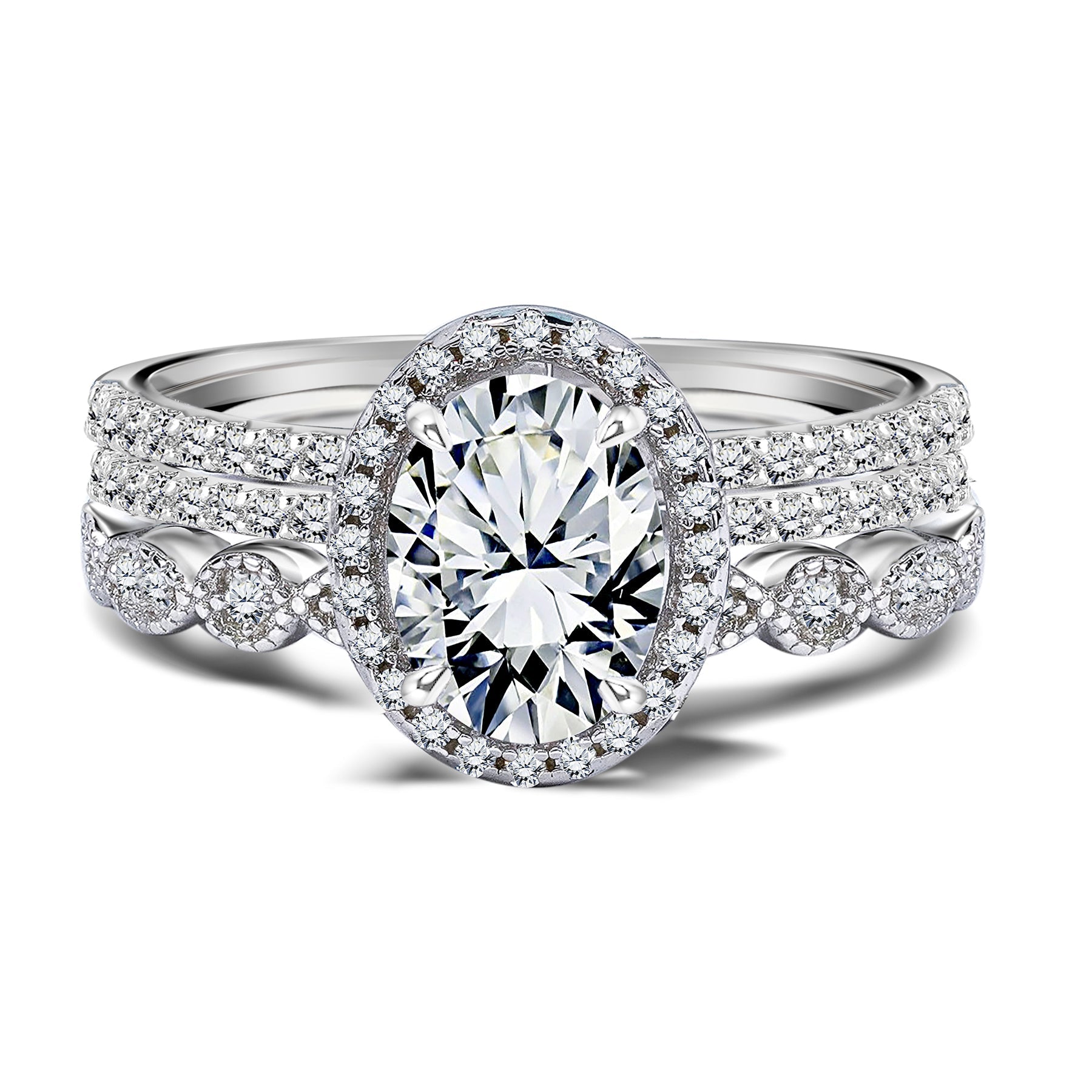 Art Deco 2 Carat Oval cut Real Moissanite Wedding Trio Ring Set with Engagement Ring and 2 Wedding Bands in 18k Gold Over Silver