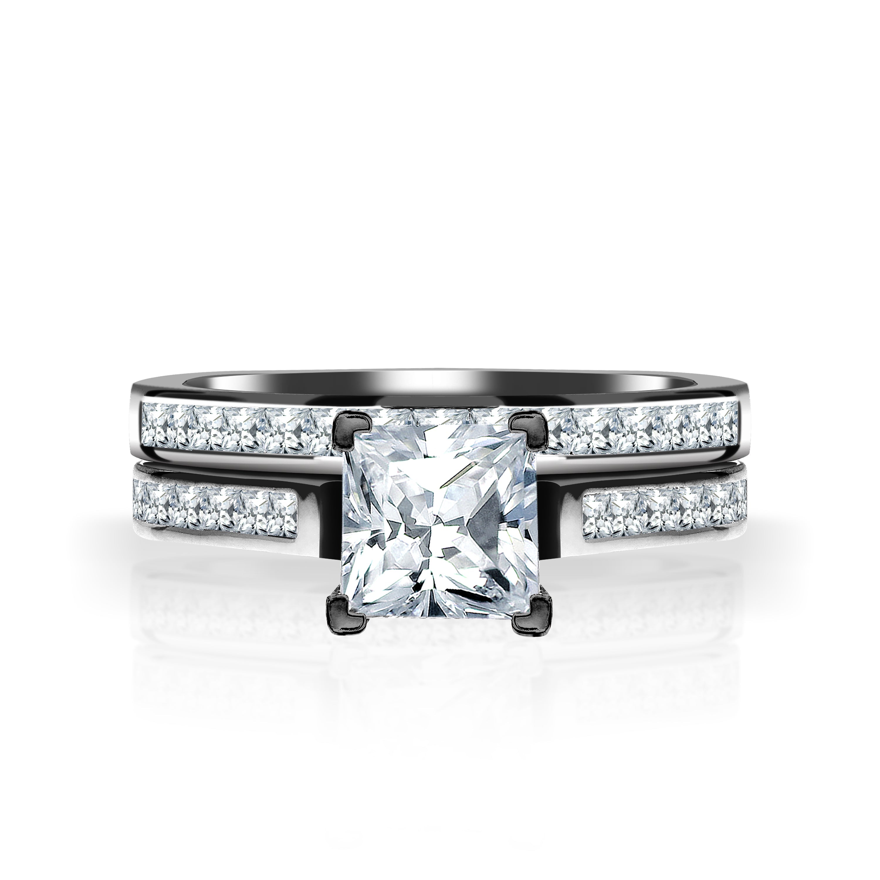 JeenMata 1 Carat Princess Cut Moissanite Wedding Set - Bridal Set - Engagement Ring - Channel Set Ring - Cluster Ring - 18k White Gold Plated for Women