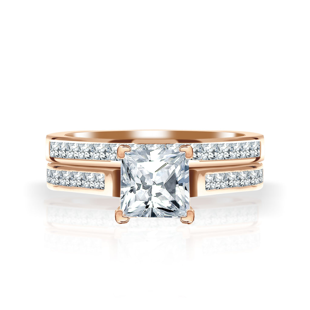 JeenMata 1 Carat Princess Cut Moissanite Wedding Set - Bridal Set - Engagement Ring - Channel Set Ring - Cluster Ring - 18k White Gold Plated for Women