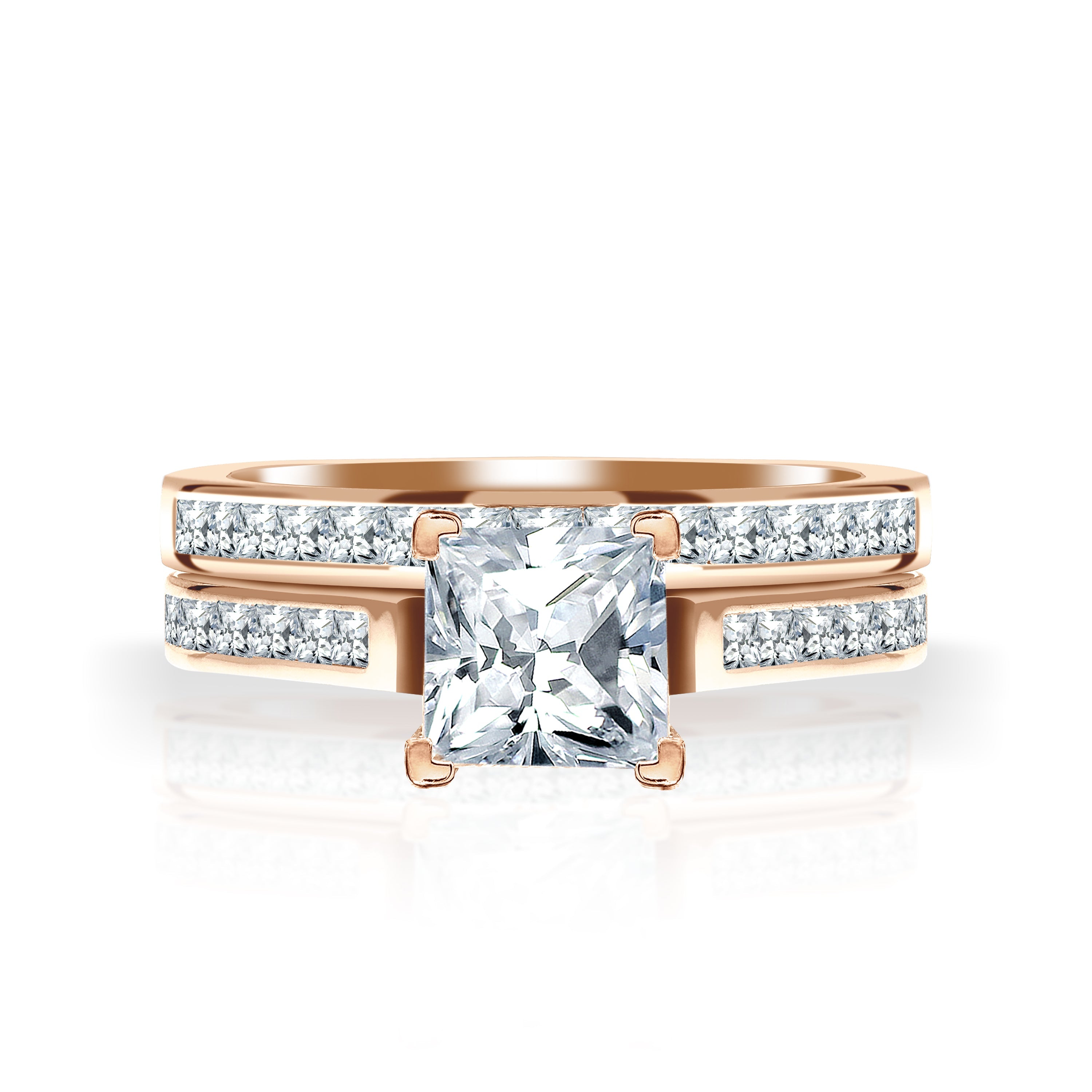 JeenMata 1 Carat Princess Cut Moissanite Wedding Set - Bridal Set - Engagement Ring - Channel Set Ring - Cluster Ring - 18k White Gold Plated for Women