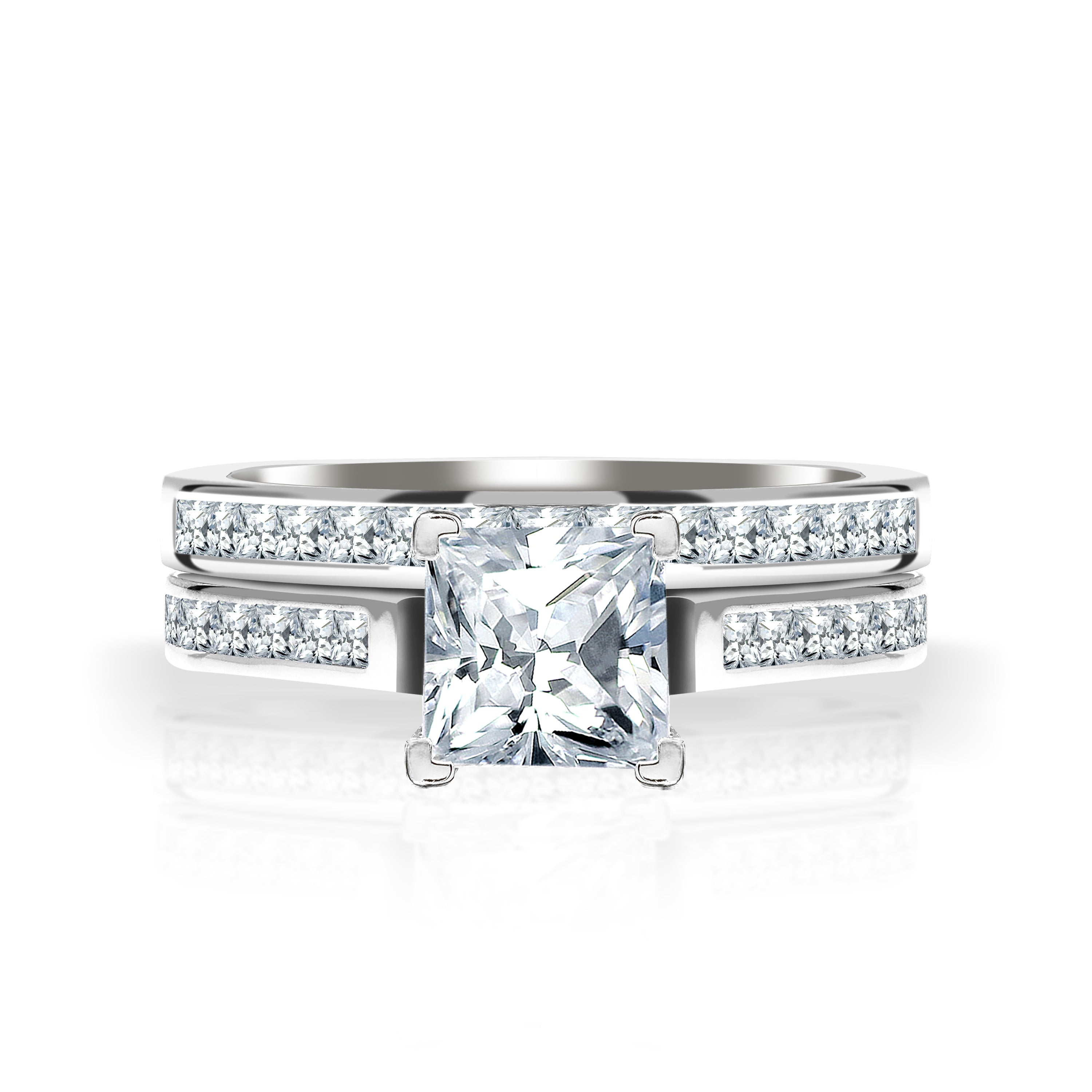 JeenMata 1 Carat Princess Cut Moissanite Wedding Set - Bridal Set - Engagement Ring - Channel Set Ring - Cluster Ring - 18k White Gold Plated for Women