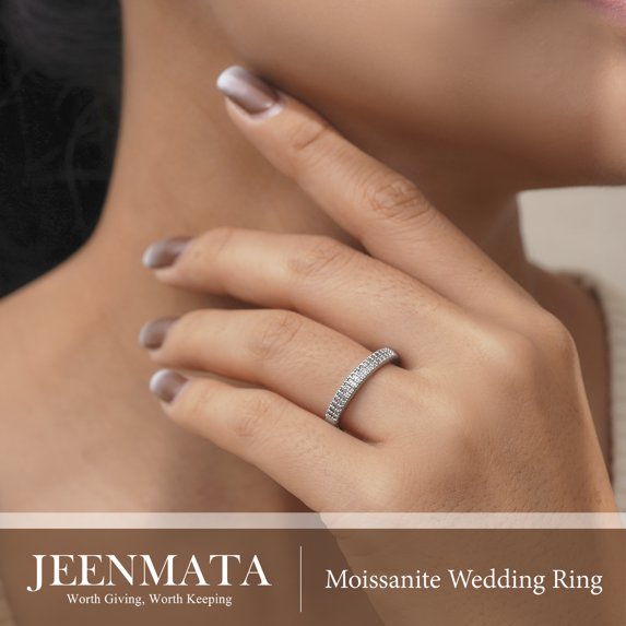 JeenMata Moissanite Stackable Anniversary Ring - Micro Pave Half Eternity Wedding Rings for Women in 18K White Gold Plating, Gift for Her, Gift for Women