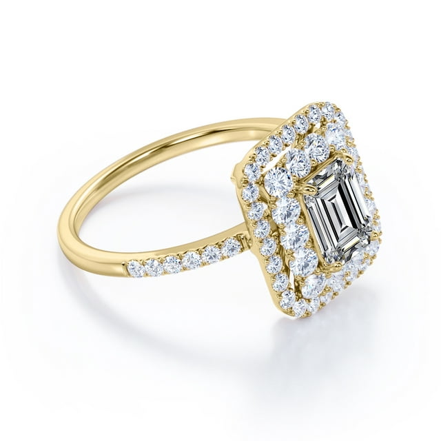 JeenMata 1.5 Carat Emerald Cut Moissanite Engagement Ring - Bridal Ring - Double Halo Ring - Cluster Ring