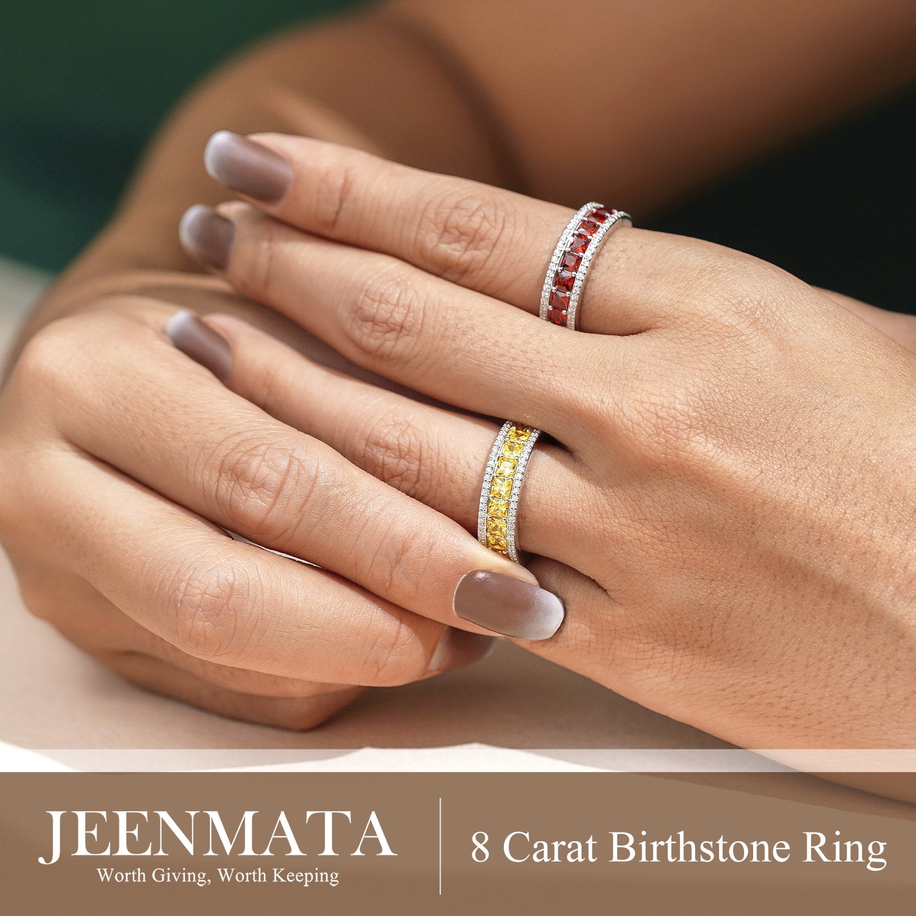 JeenMata 8 Carat Princess Cut - May Birthstone Eternity Ring in 18K White Gold Plating for Women - Stackable Wedding Anniversary Promise Band with Emerald Cubic Zirconia