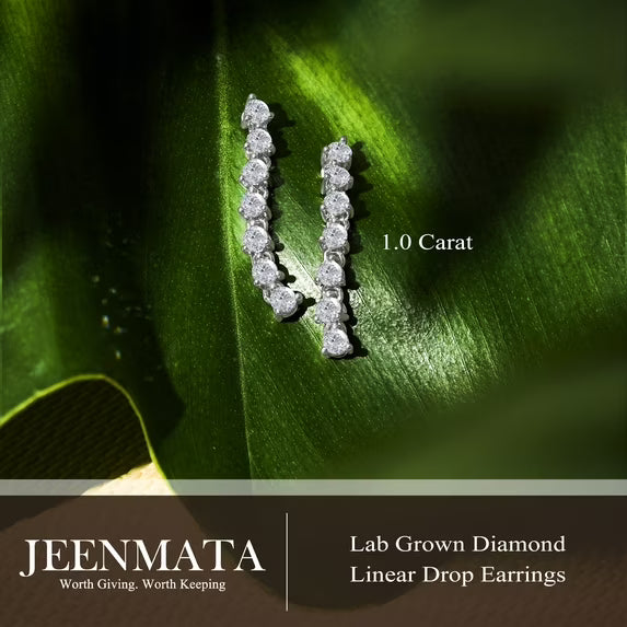 JeenMata 1 Carat Round Cut Lab Grown Diamond Linear Drop Earring - Classic Drop Earrings in 18K White Gold Plating for Women, Gift for Her