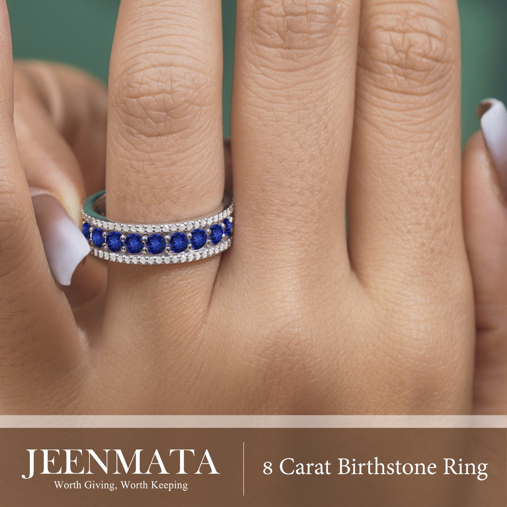 JeenMata 8 Carat Round Cut - September Birthstone Eternity Band Ring - Blue Sapphire Cubic Zirconia Halo Anniversary Wedding Band in 18K White Gold Plating for Women
