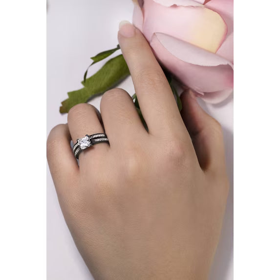JeenMata 2 Carat Princess Cut Moissanite Wedding Set - Bridal Set - Channel Set Ring - Unique Ring - 18k Black Gold Over Silver