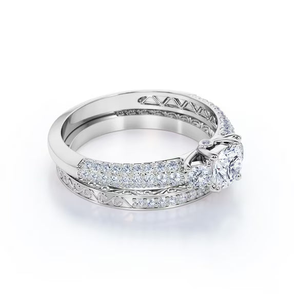 JeenMata 1.75 ct - Round Real 3 Stone Diamond - Past Present Future Ring - Victorian - Vintage Wedding Ring Set - 10K White Gold