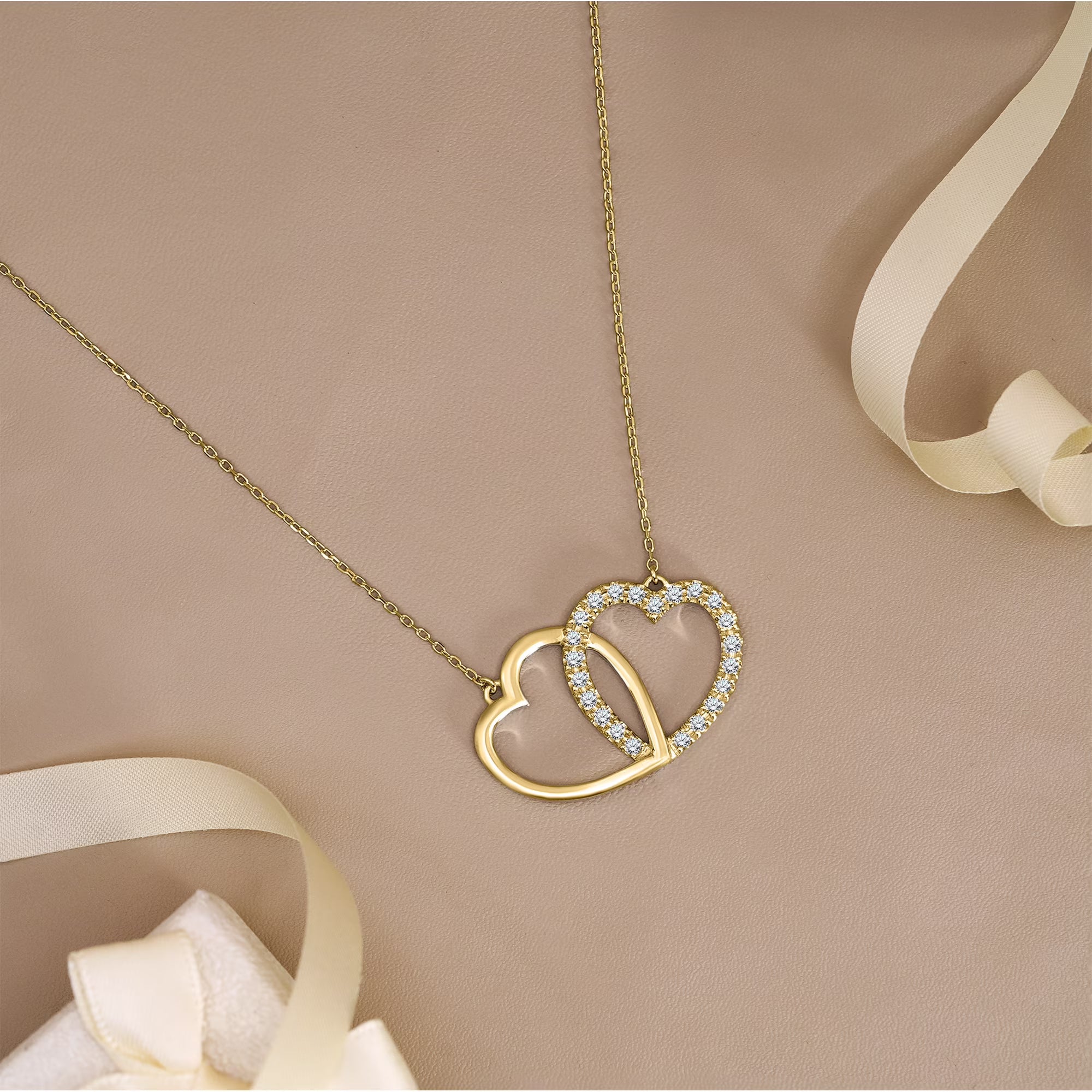 JeenMata Lab Grown Diamond Interlocking Heart Shape Pendant Necklace in Yellow Gold Plating