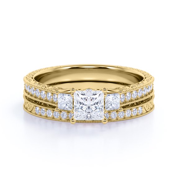 JeenMata 1.25 ct - Princess Cut Moissanite - Pave - Three Stone Ring - Victorian Style - Vintage Wedding Ring Set in 18K Yellow Gold Plating for Women