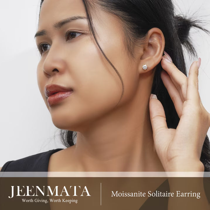 JeenMata 4 Prong 2 Carat Round Shaped Moissanite Solitaire Stud Earrings in 18k Yellow Gold Plating for Women