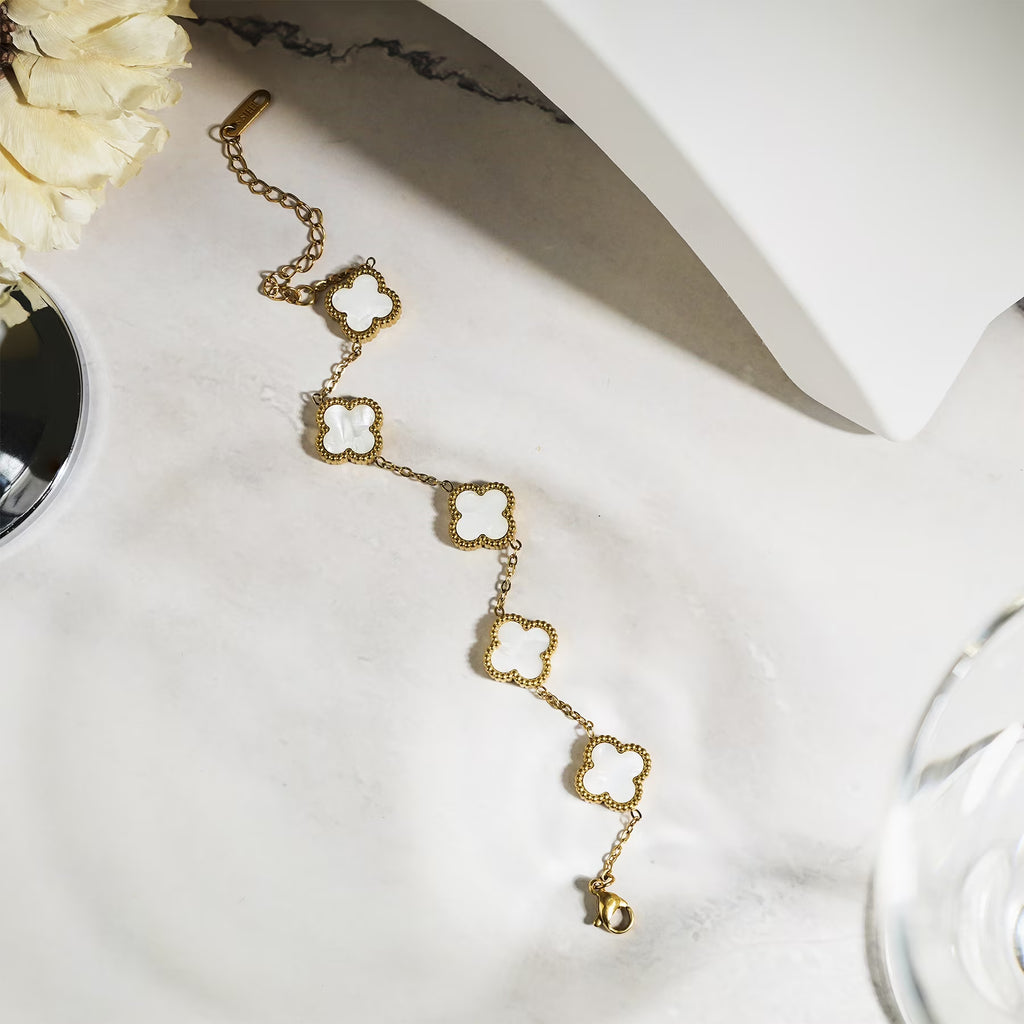 JeenMata White Flower Link Bracelet in Yellow Gold Plated