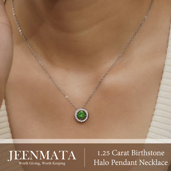 JeenMata Solitaire 1.25 Carat Round Cut - Emerald - May Birthstone Halo Pendant Necklace in White Gold Plating, Adult, Female