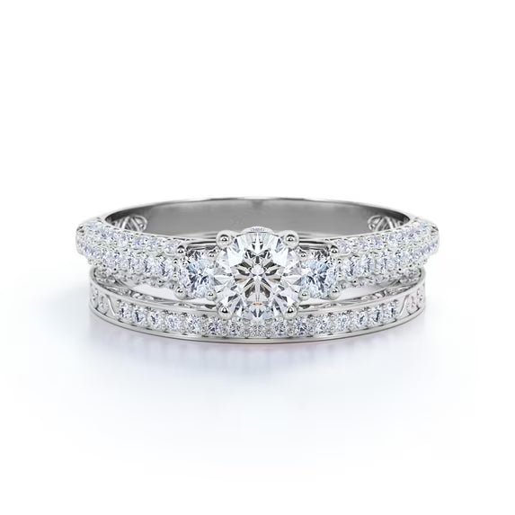 JeenMata 1.75 ct - Round Real 3 Stone Diamond - Past Present Future Ring - Victorian - Vintage Wedding Ring Set - 10K White Gold