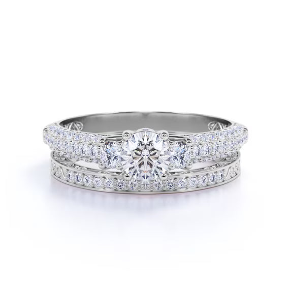 JeenMata 1.75 Carat Round Cut 3 Stone Lab Grown Diamond Bridal Ring Set for Women, Past Present Future Vintage Wedding Ring Set in 10K White Gold