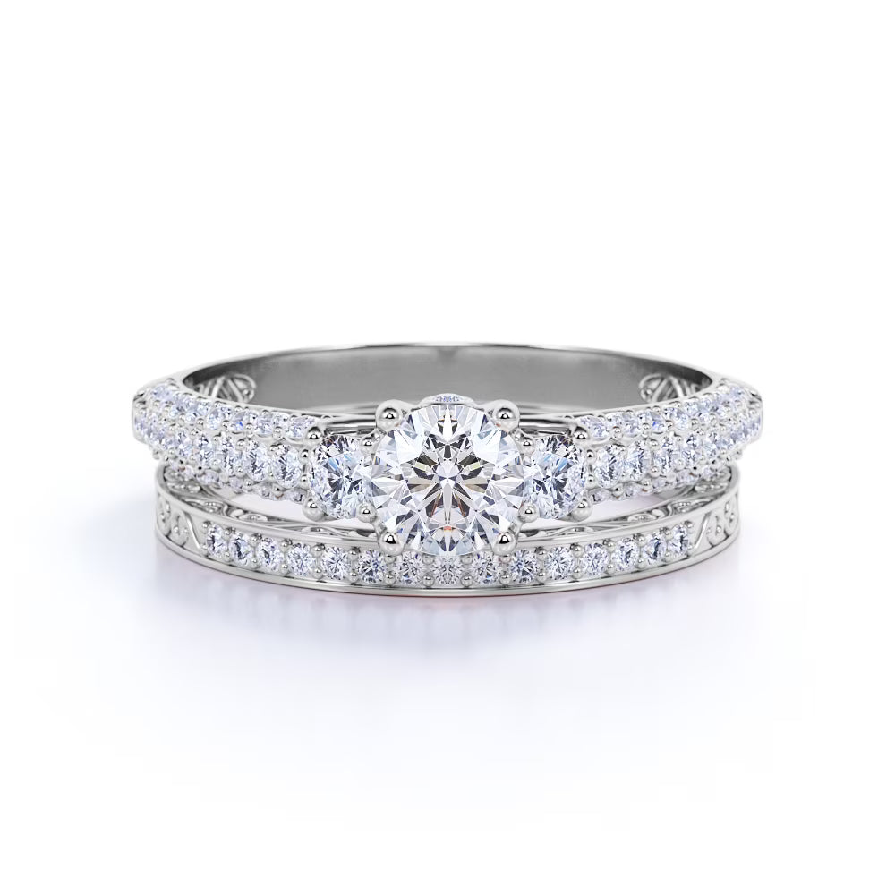 JeenMata 1.25 Carat Round Brilliant Cut Lab Grown Three Stones Diamond - Vintage Design Wedding Ring Set in 18K White Gold Plating for Women