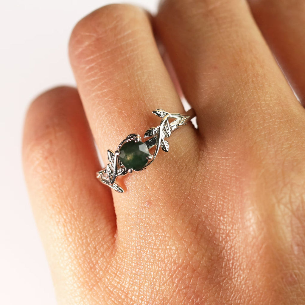 JeenMata Nature Inspired 0.50 Carat Natural Green Moss Agate Solitaire Engagement Ring - Forest Ring - 18K White Gold Plating for Women