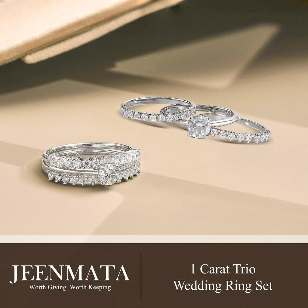 JeenMata 1 Carat Lab Grown Diamond Round Cut Trio Wedding Set - Solitaire Engagement Rings Set with Double Band in 18K White Gold Plating for Women's Ring Jewelry