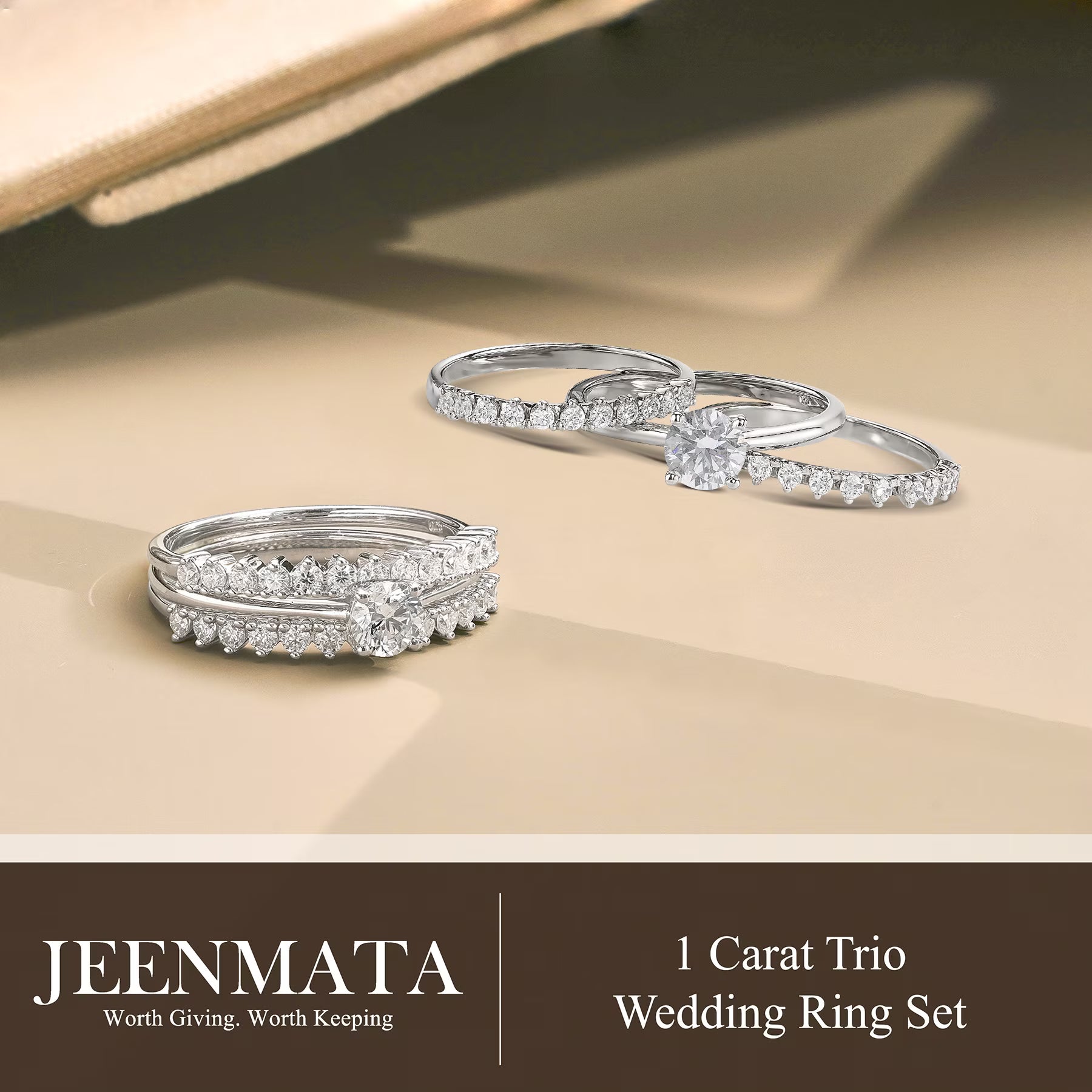 JeenMata 1 Carat Lab Grown Diamond Round Cut Trio Wedding Set - Solitaire Engagement Rings Set with Double Band in 18K White Gold Plating for Women's Ring Jewelry