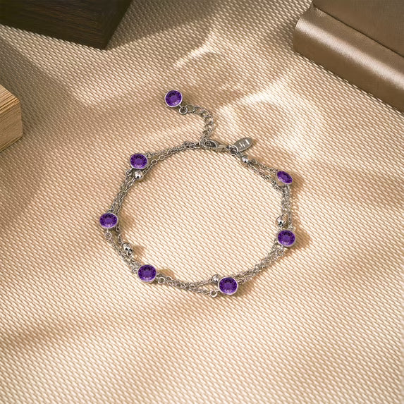 JeenMata 3.5 Carat February Amethyst Birthstone Double Layer Bracelet - in White Gold Plating for Women