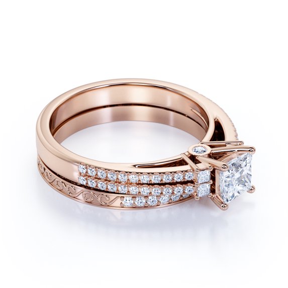 JeenMata Stunning 0.75 Carat - Princess Cut Lab Grown Diamond - Pave - Vintage - Double Band Engagement Ring - Bridal Set - 10K Rose Gold