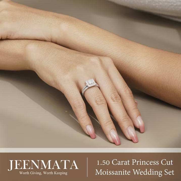 JeenMata 1.5 Carat Princess Cut Moissanite Wedding Set - Bridal Set - Milgrain Ring - Vintage Ring - Halo Ring - 18K White Gold Plating for Women