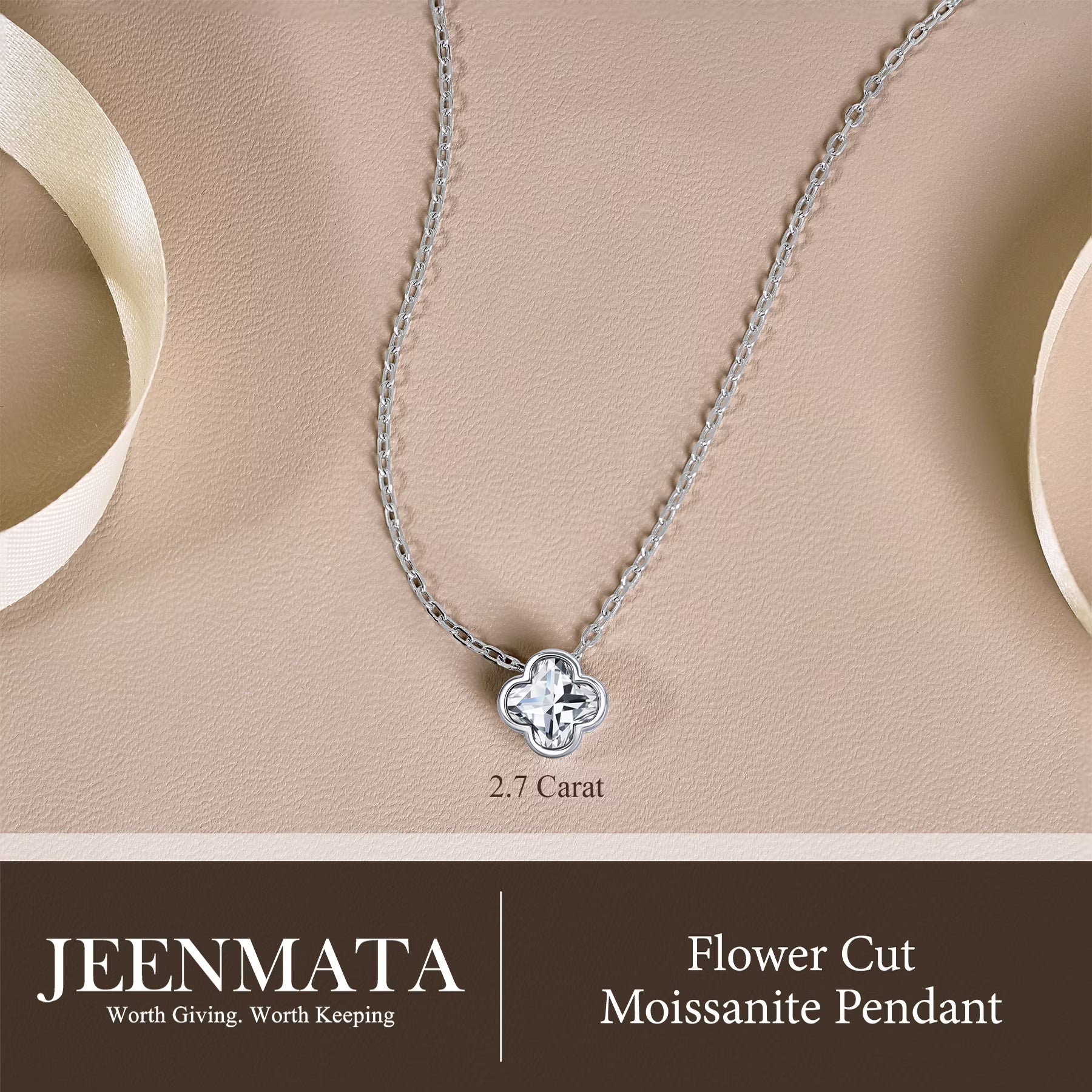 JeenMata 2.7 Carat Flower Cut Moissanite Pendant - Danity Clover Design Necklace in 18K White Gold Plated for Women