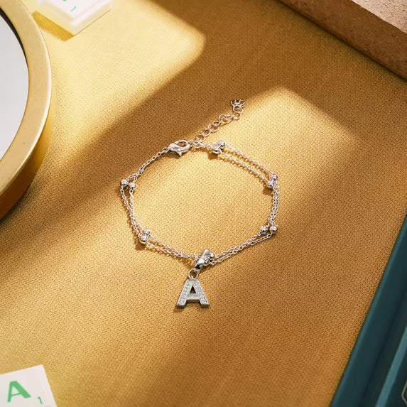 JeenMata Lab Grown Diamond Initial "A" Letter Bracelets - Double Layer Alphabet Jewelry Bracelet - 18K White Gold Plating for Women Jewelry