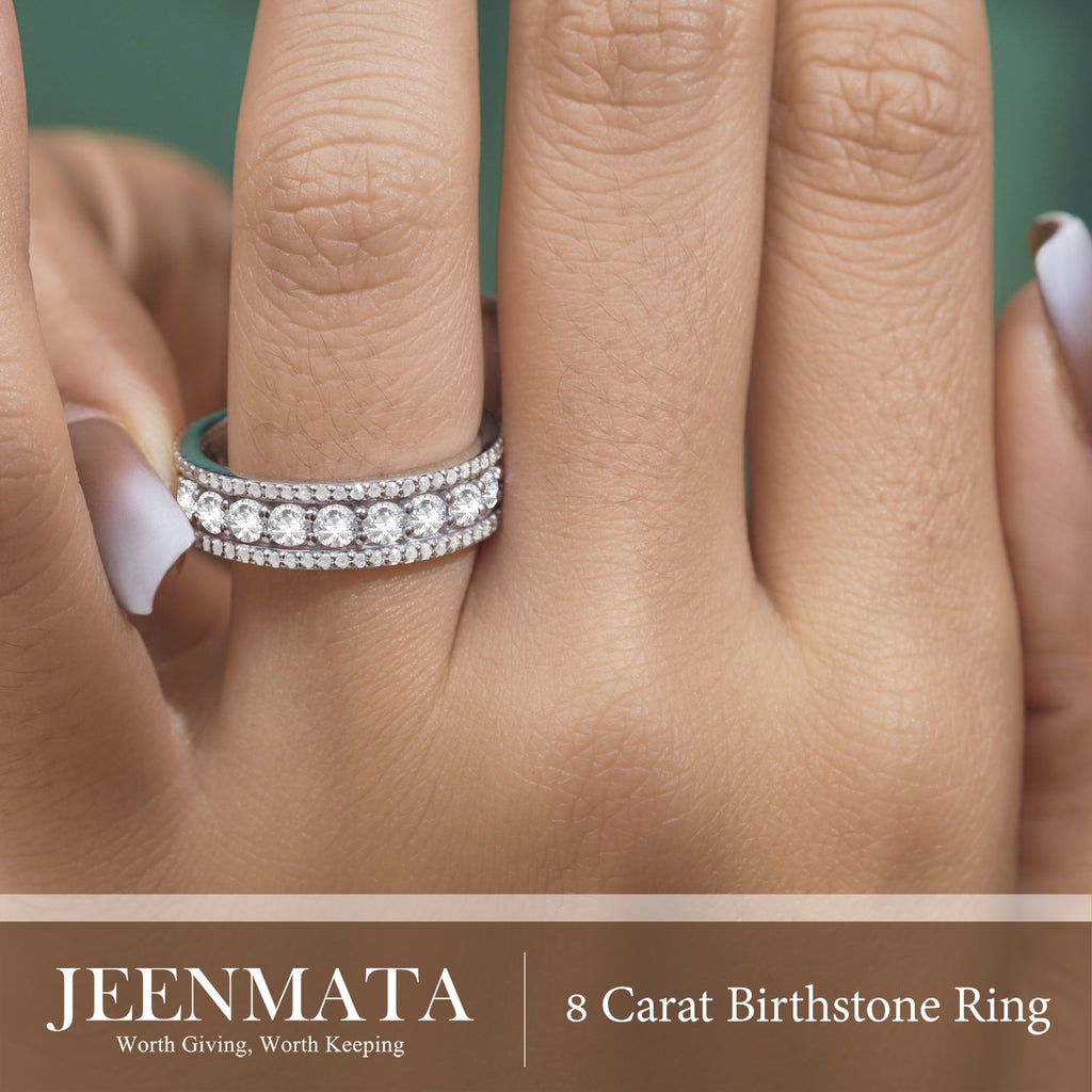 JeenMata 8 Carat Round Cut - April Birthstone Eternity Band Ring - Cubic Zirconia Halo Anniversary Wedding Band in 18K White Gold Plating for Women