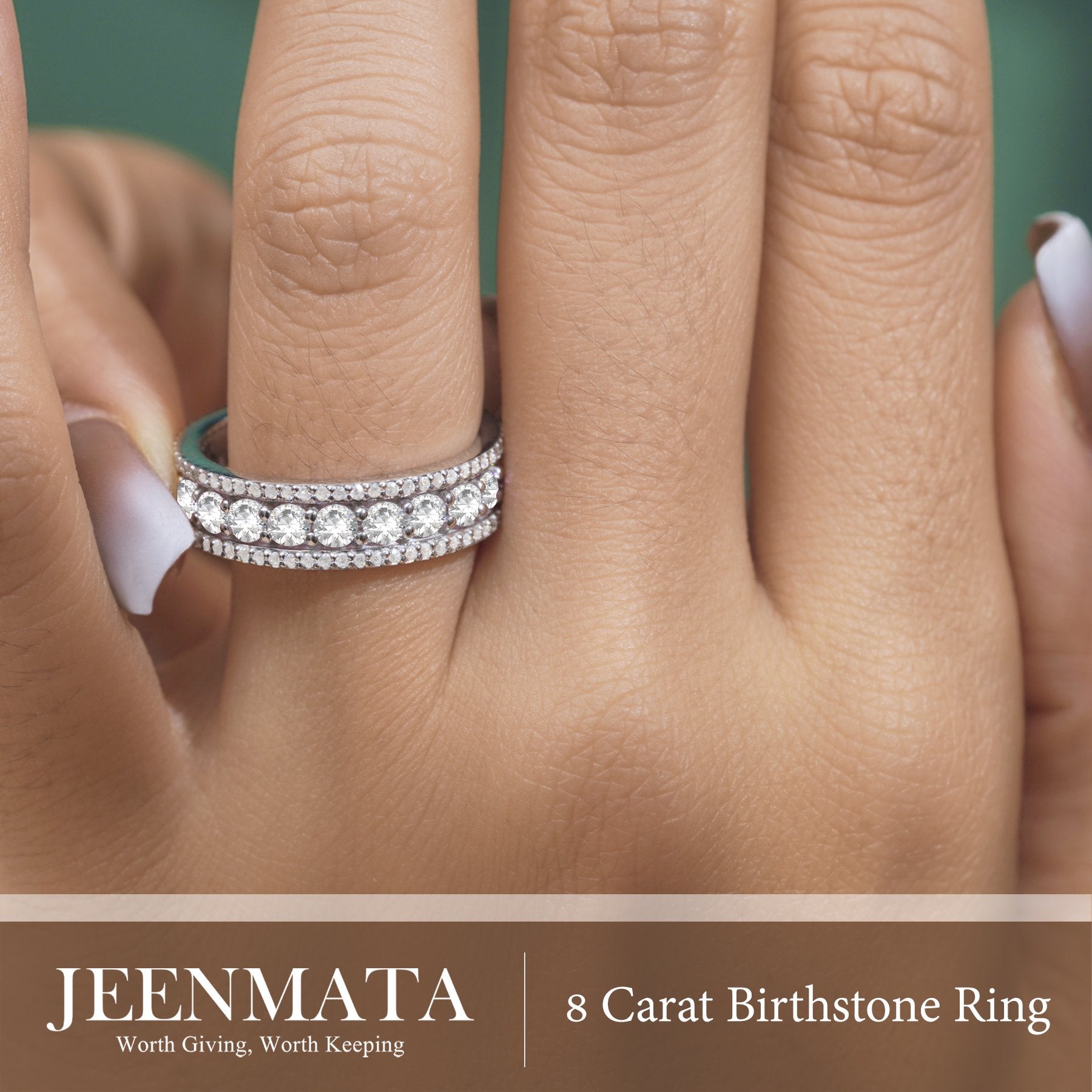 JeenMata 8 Carat Round Cut - April Birthstone Eternity Band Ring - Cubic Zirconia Halo Anniversary Wedding Band in 18K White Gold Plating for Women