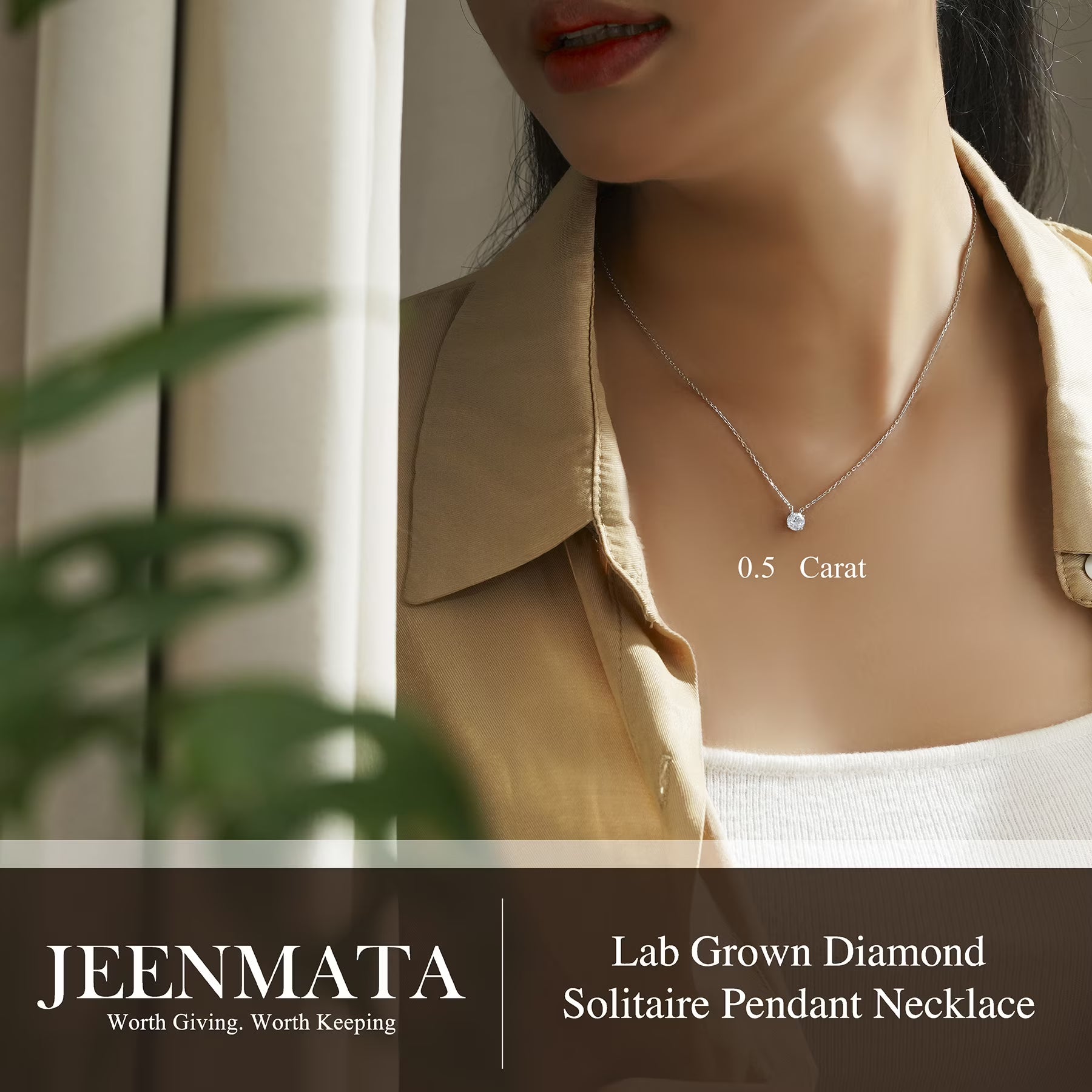 JeenMata Lab Grown Diamond 0.50 Carat Round Cut Classic Solitaire Pendant Necklace - in 18K White Gold Plating for Women