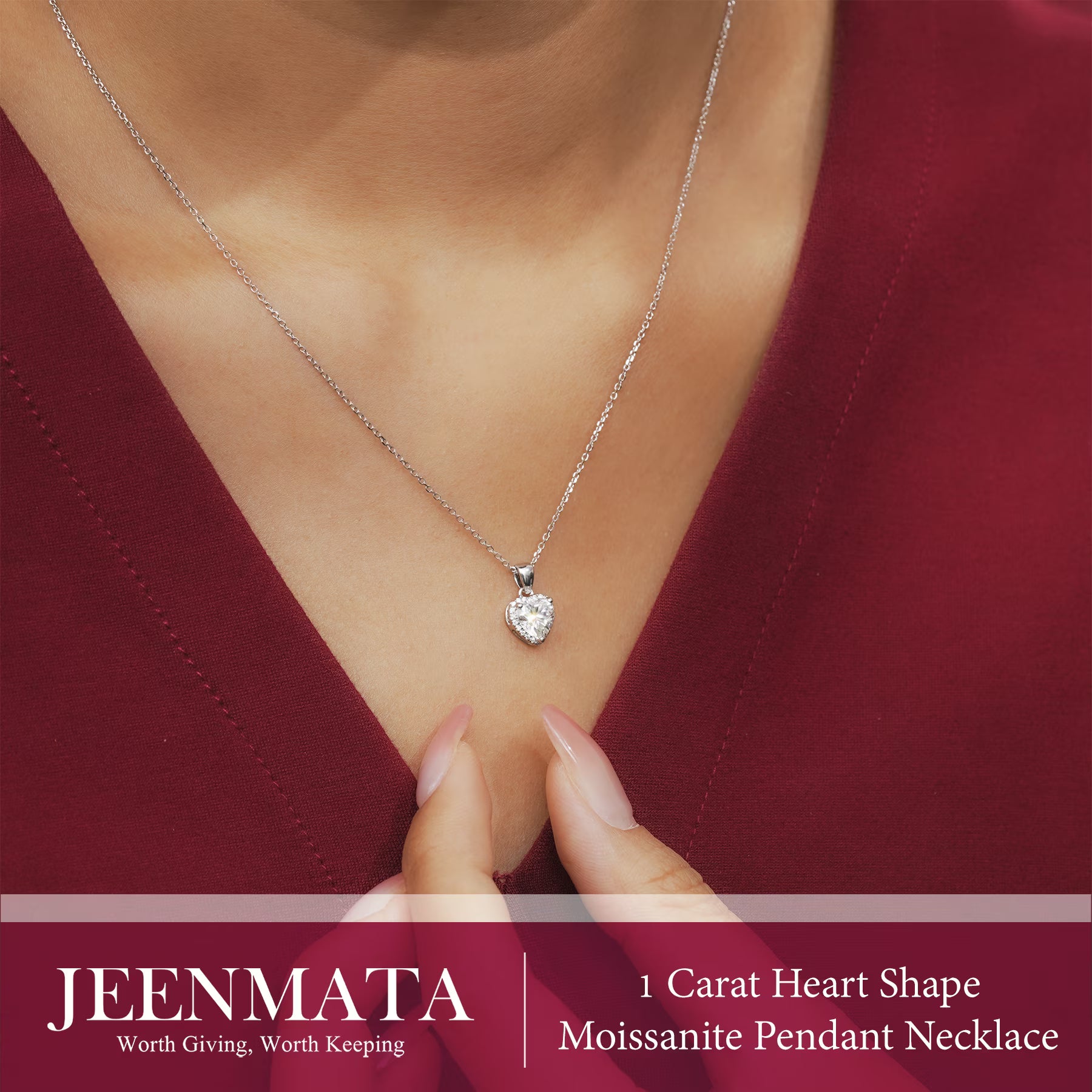 JeenMata Forever Heart 1 Carat - Moissanite - April Pendant Necklace in 18K White Gold Plating over Silver
